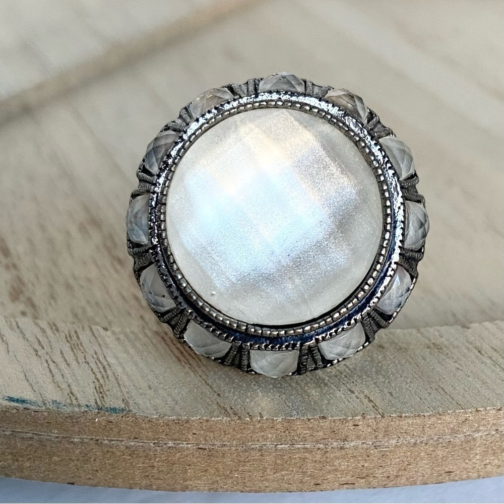 Large Round Multifaceted Checkerboard Cut Ring Silver Tone Hammer Textured Ring